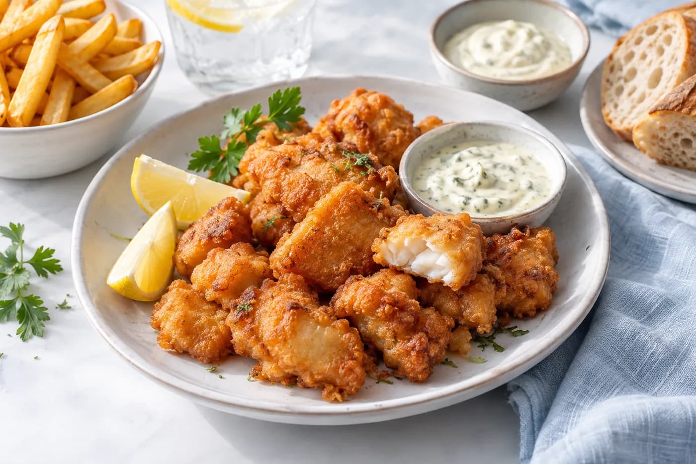 Krokante kibbeling met citroen en saus als maaltijdinspiratie
