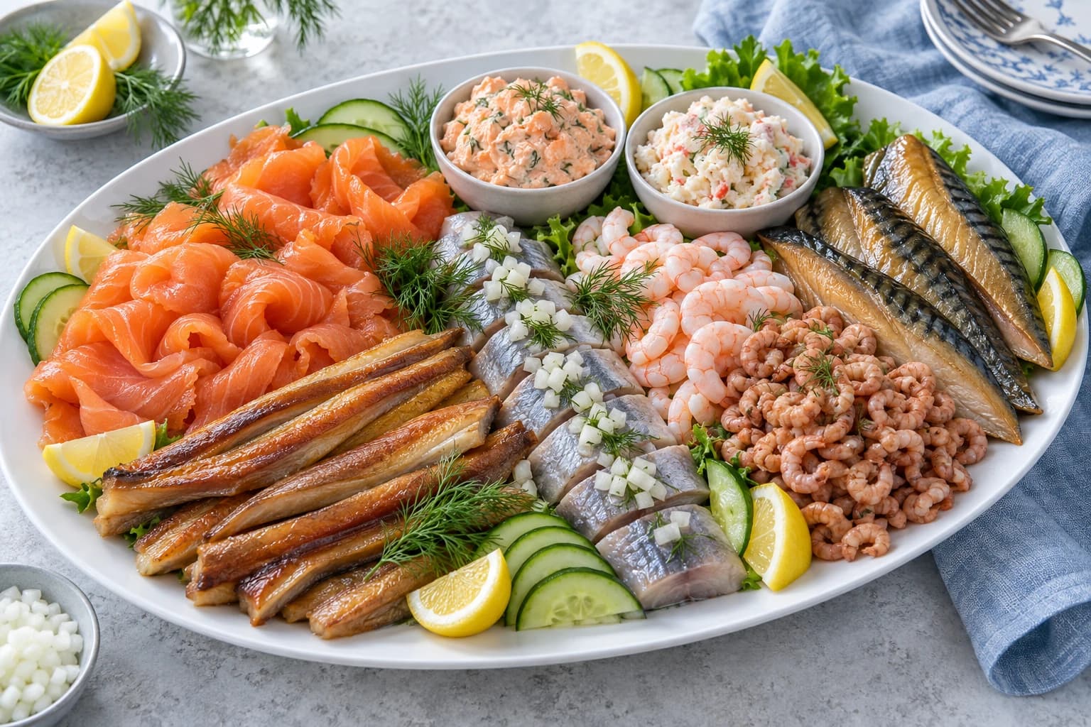 Beispiel einer großzügigen Fischplatte mit Räucherfisch, Garnelen und Salaten