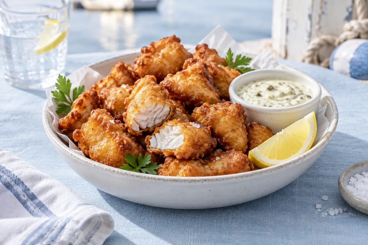 Krokante kibbeling met saus