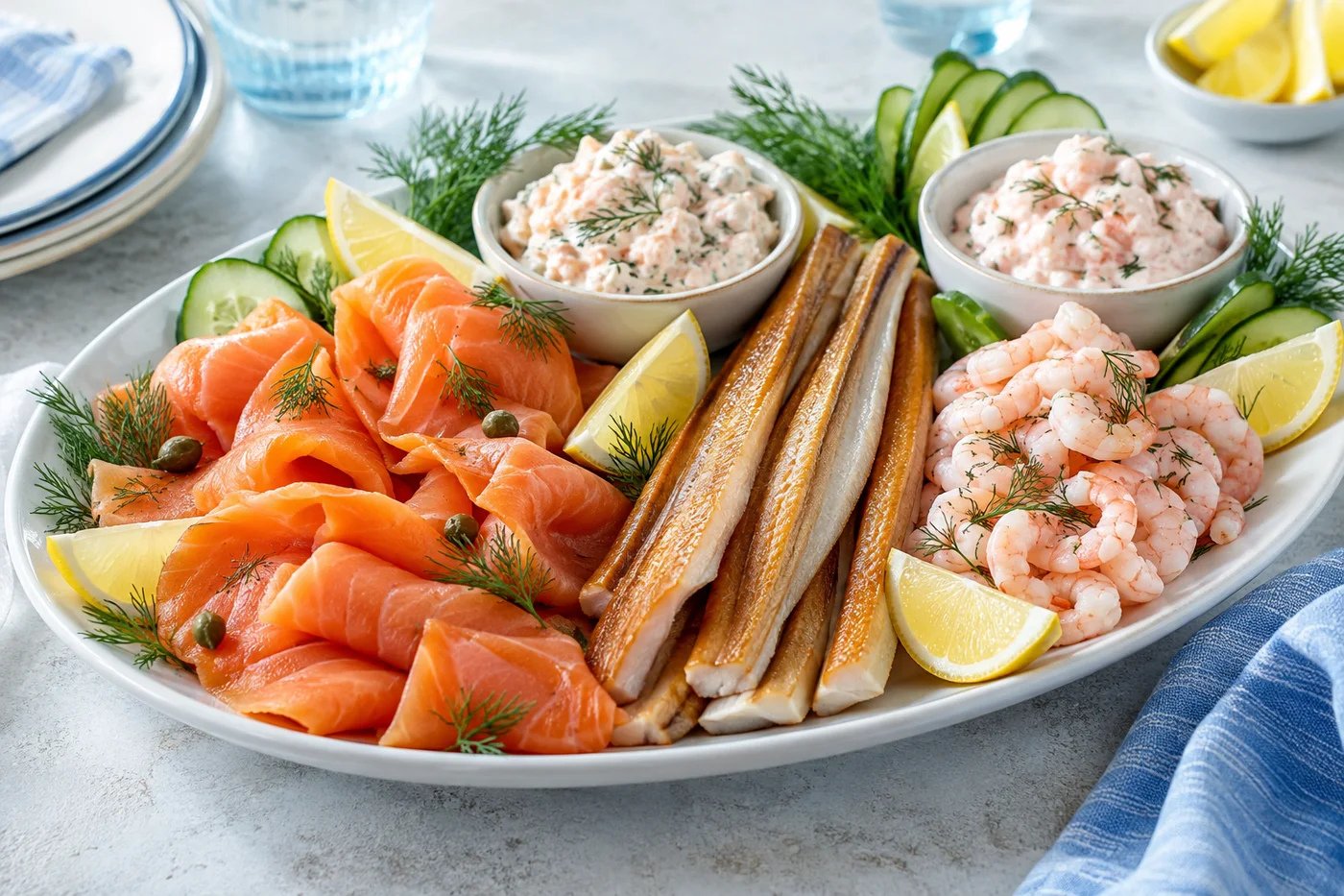 Serveerinspiratie: visschaal met gerookte vis, garnalen en salades