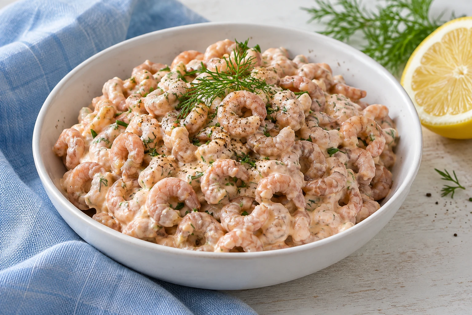 Shrimp salad in a bowl with lemon and fresh herbs